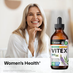 BIO KRAUTER Vitex drops bottle close-up showing vegan, alcohol-free formula.