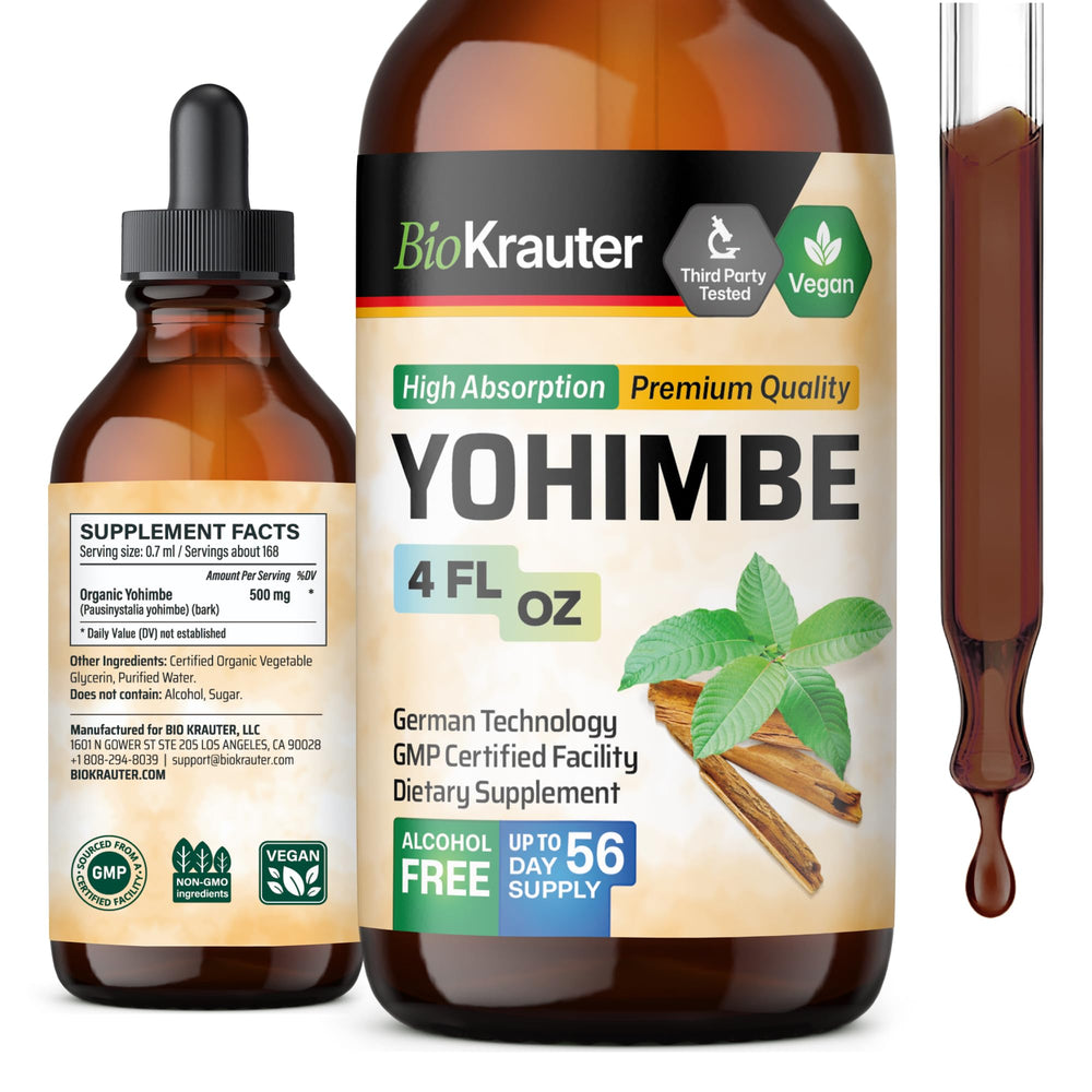 BIO KRAUTER Yohimbe Tincture bottle on a clean surface shows vegan, alcohol-free formula for everyday wellness.