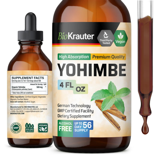 BIO KRAUTER Yohimbe Tincture bottle on a clean surface shows vegan, alcohol-free formula for everyday wellness.