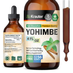 BIO KRAUTER Yohimbe Tincture bottle on a clean surface shows vegan, alcohol-free formula for everyday wellness.