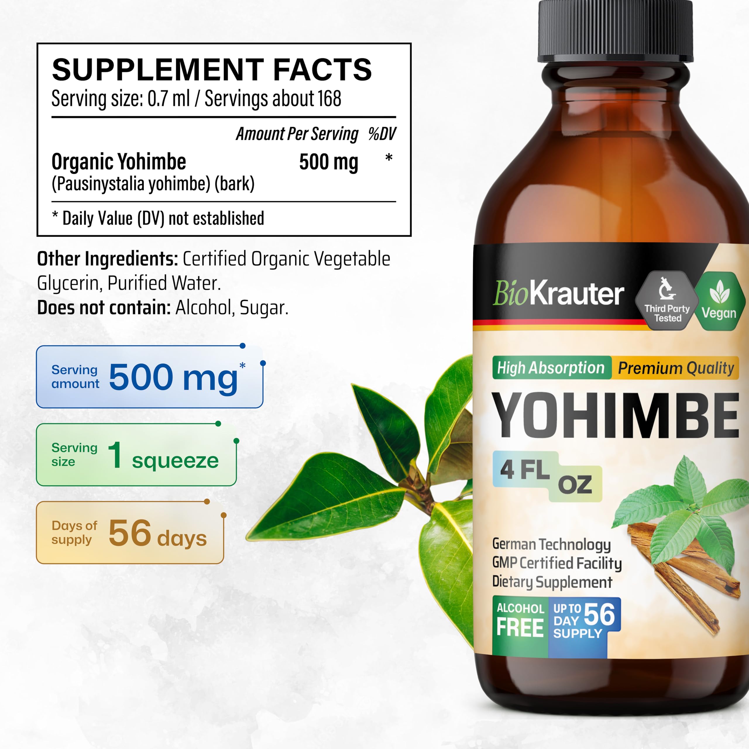 BIO KRAUTER Yohimbe Tincture three-ingredient base of water, glycerin, and yohimbe bark.