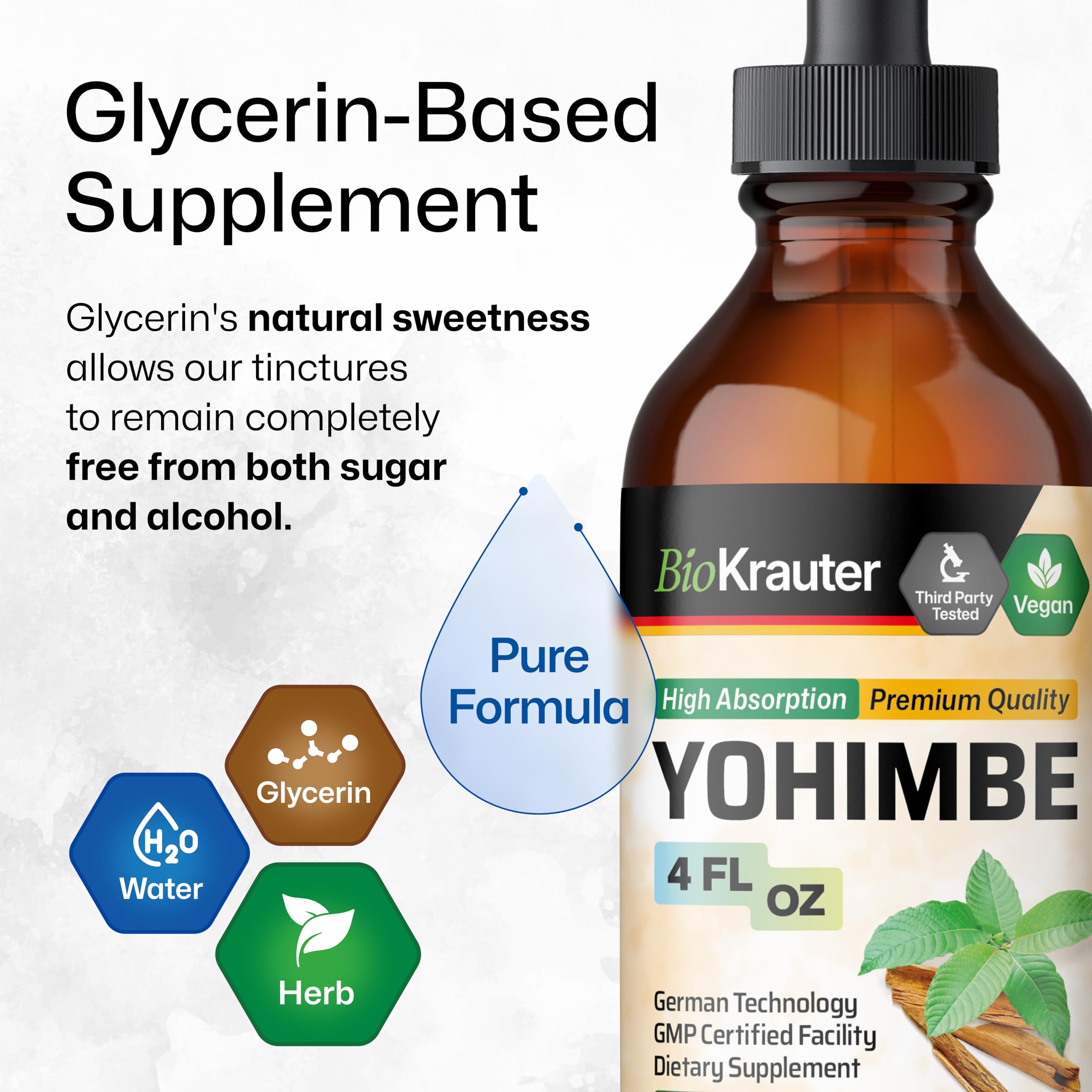 BIO KRAUTER Yohimbe Tincture label showcases natural vegan non-alcohol design for clean living.