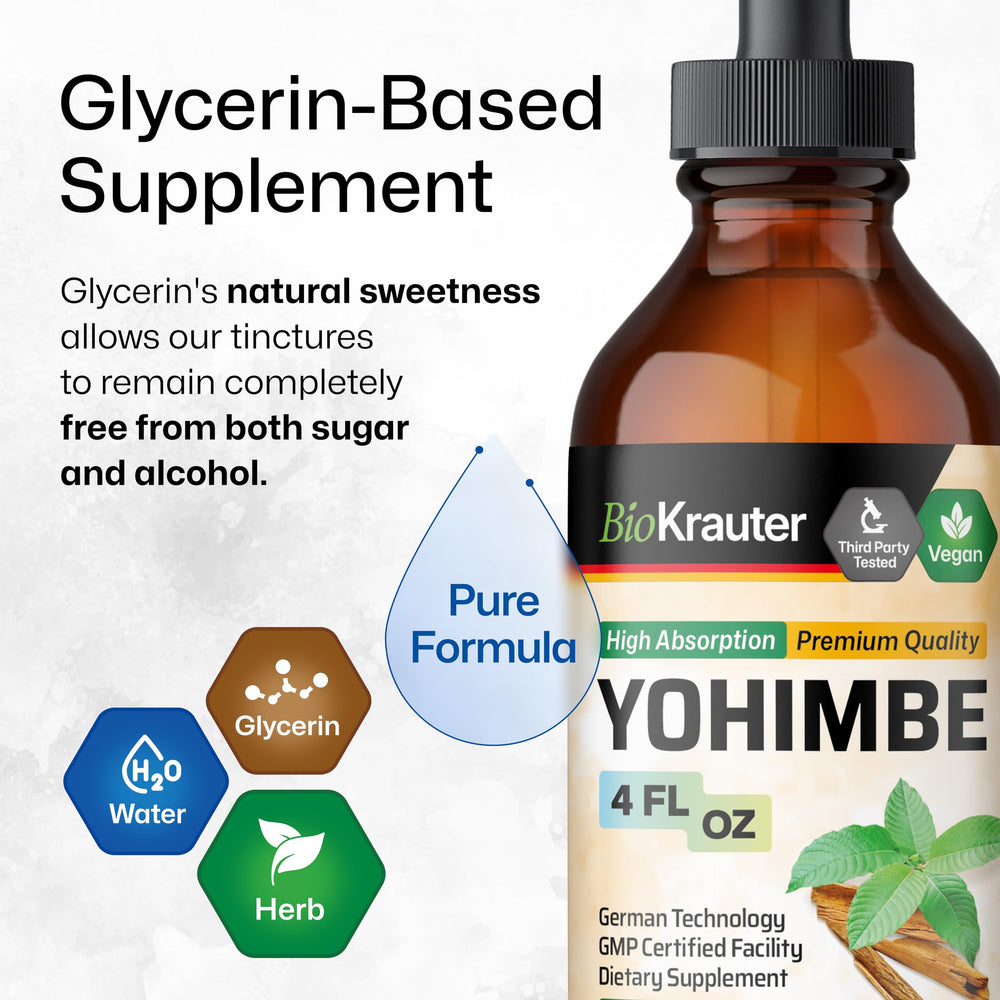 BIO KRAUTER Yohimbe Tincture label showcases natural vegan non-alcohol design for clean living.