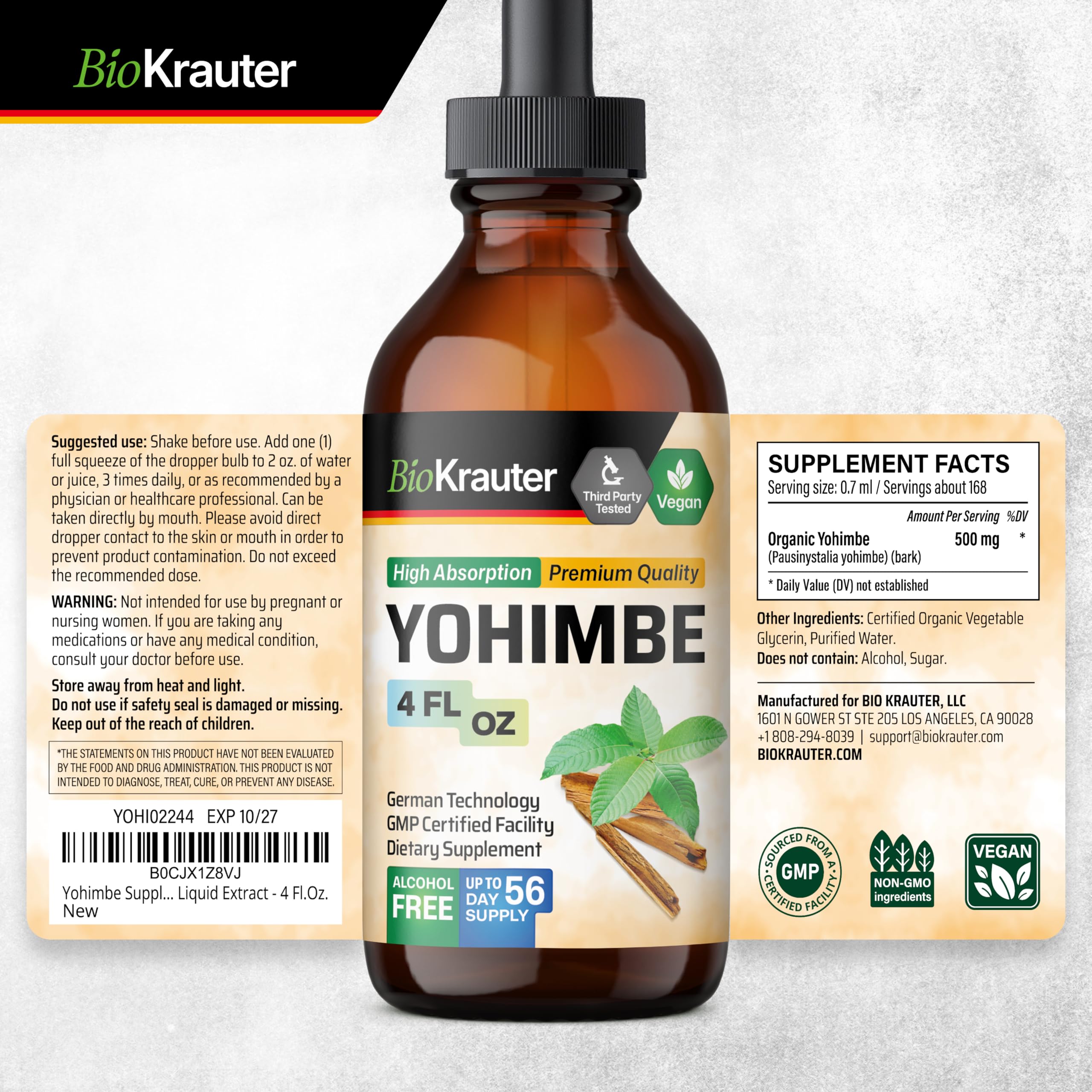BIO KRAUTER Yohimbe Tincture packaging highlights convenient 4 Fl.Oz size.