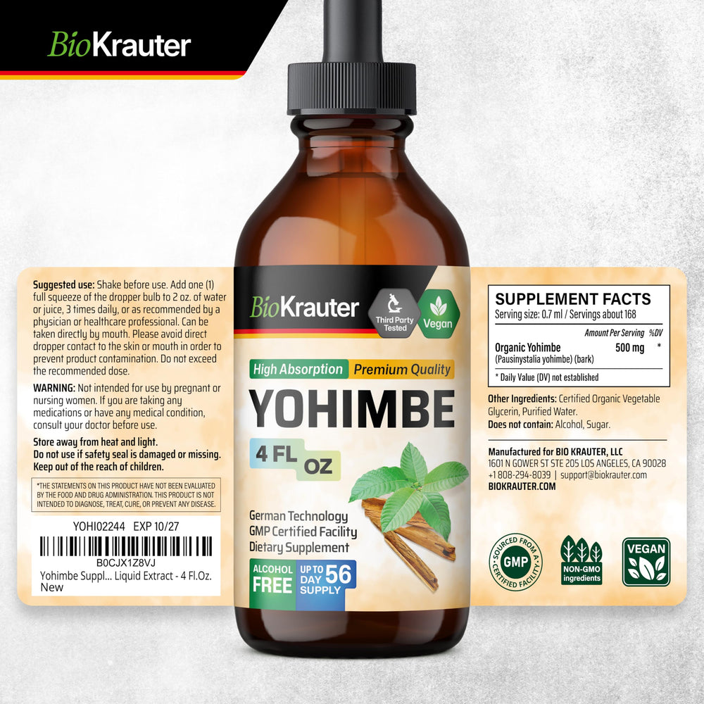 BIO KRAUTER Yohimbe Tincture packaging highlights convenient 4 Fl.Oz size.
