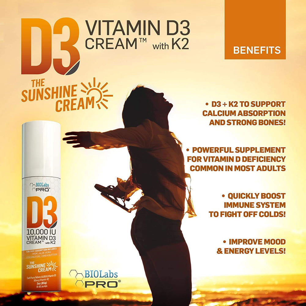 Biolabs Pro Vitamin D3 Cream bottle-front showing high-potency D3 and K2 blend.