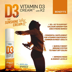Biolabs Pro Vitamin D3 Cream bottle-front showing high-potency D3 and K2 blend.