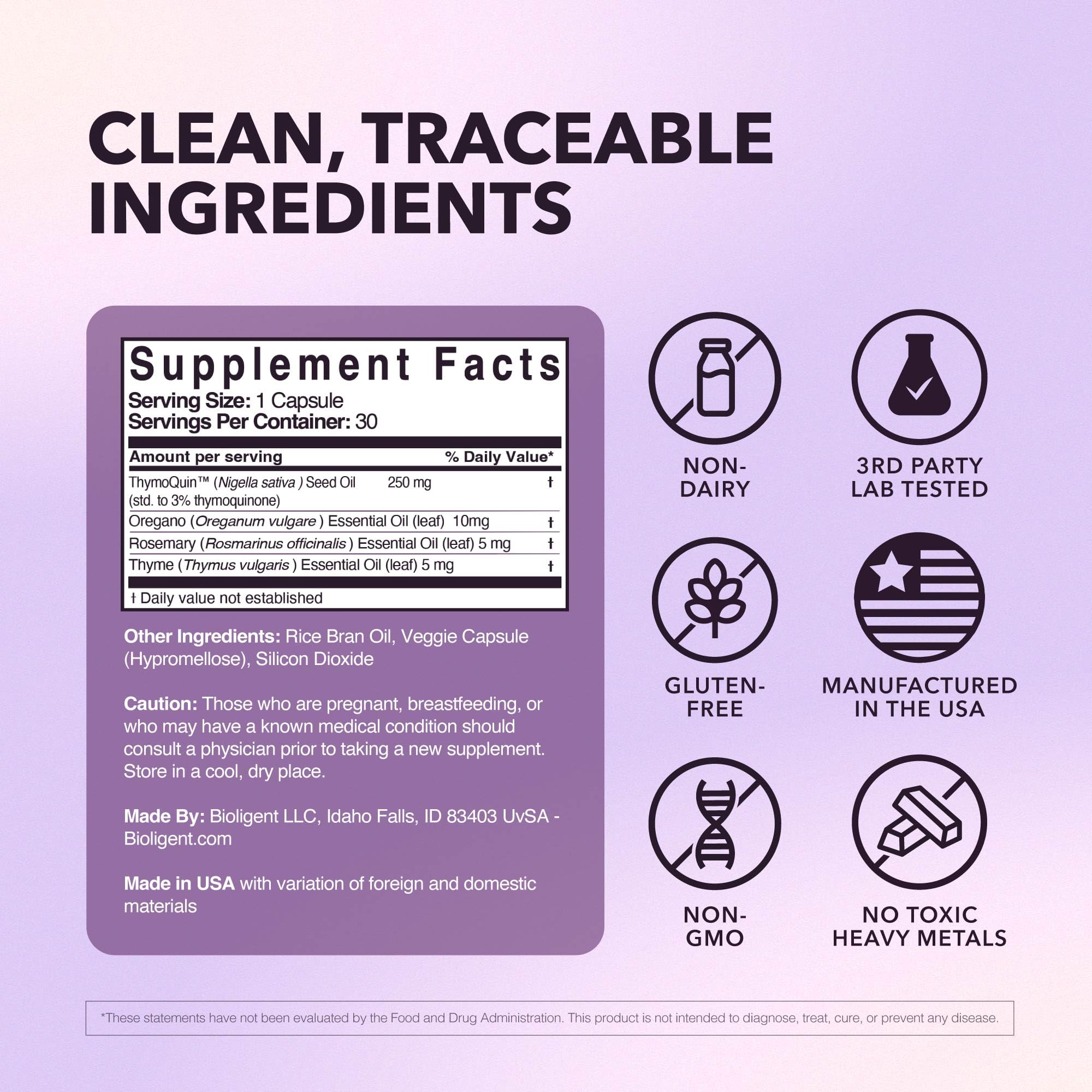 BIOLIGENT ingredients blend with oregano, rosemary, thyme