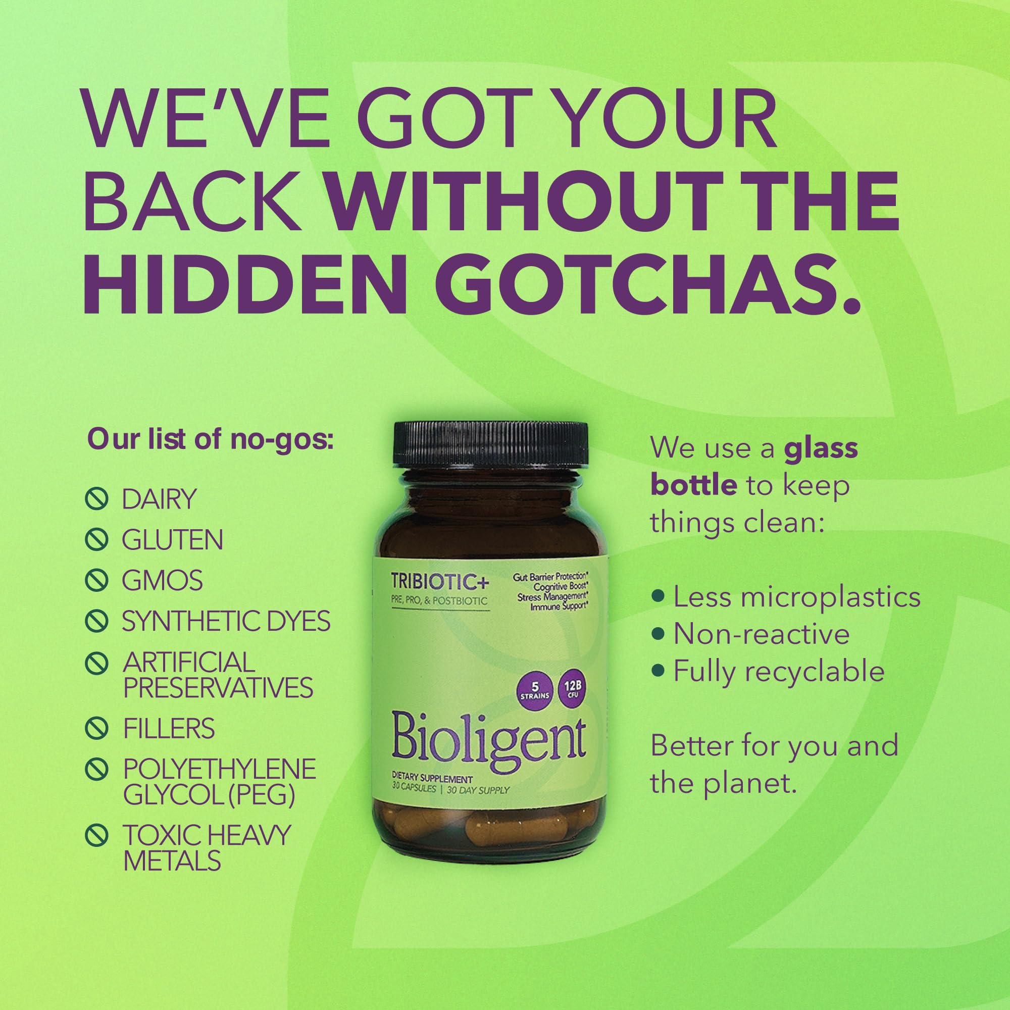 Open Bioligent Tribiotic+ bottle with capsules ready for daily use.