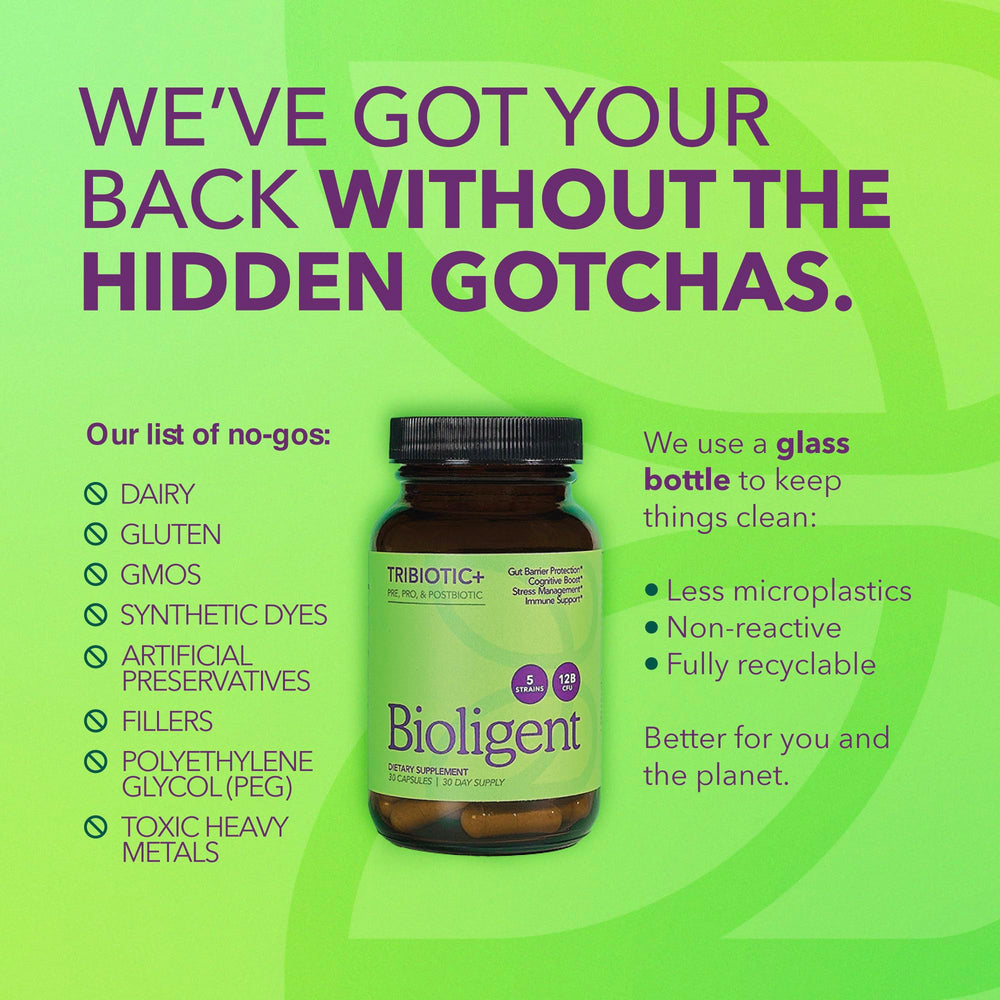 Open Bioligent Tribiotic+ bottle with capsules ready for daily use.