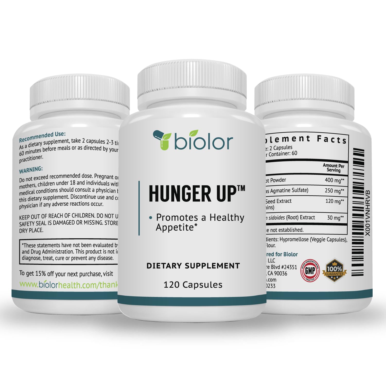 Biolor HungerUp usage guide indicating daily routine and natural appetite support