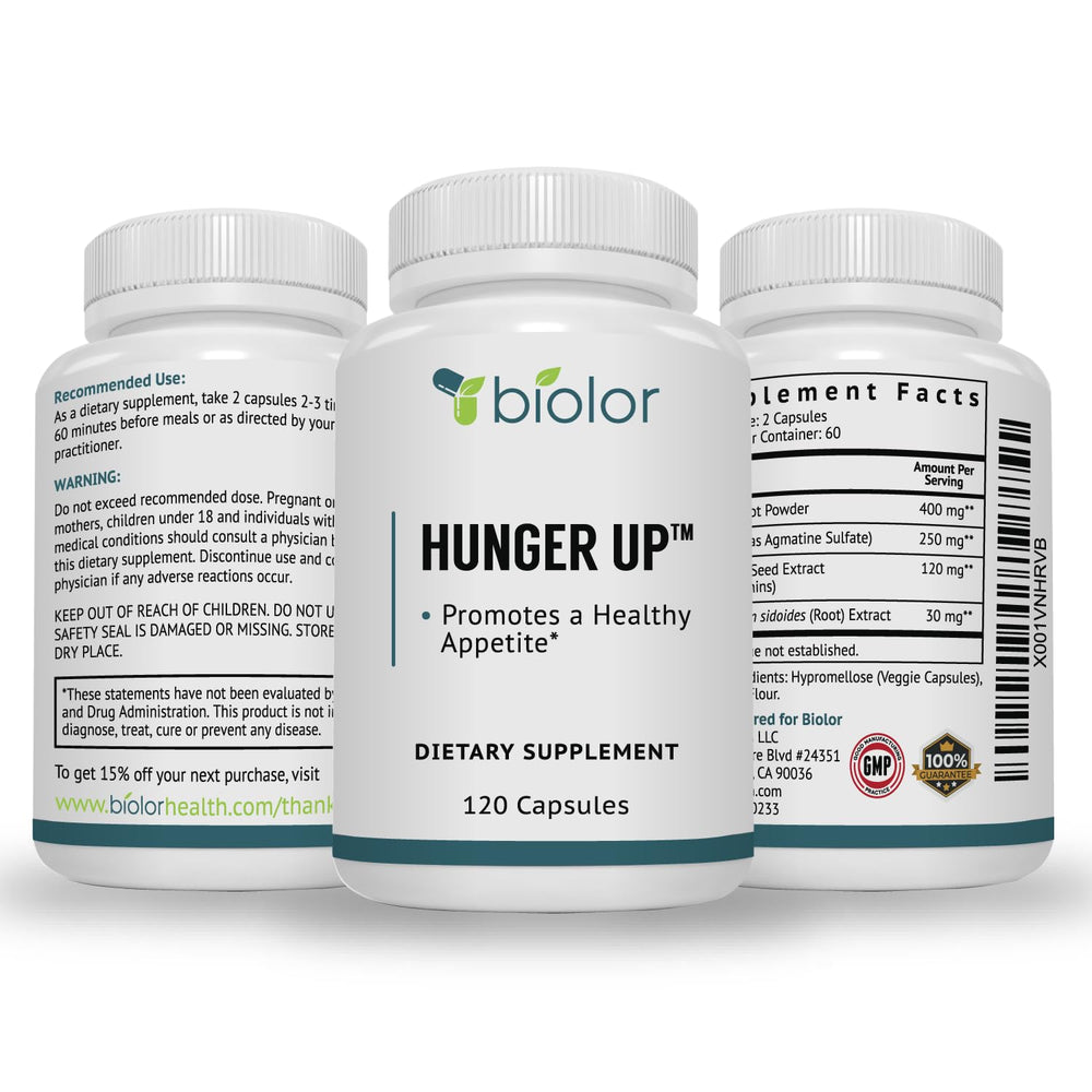 Biolor HungerUp usage guide indicating daily routine and natural appetite support