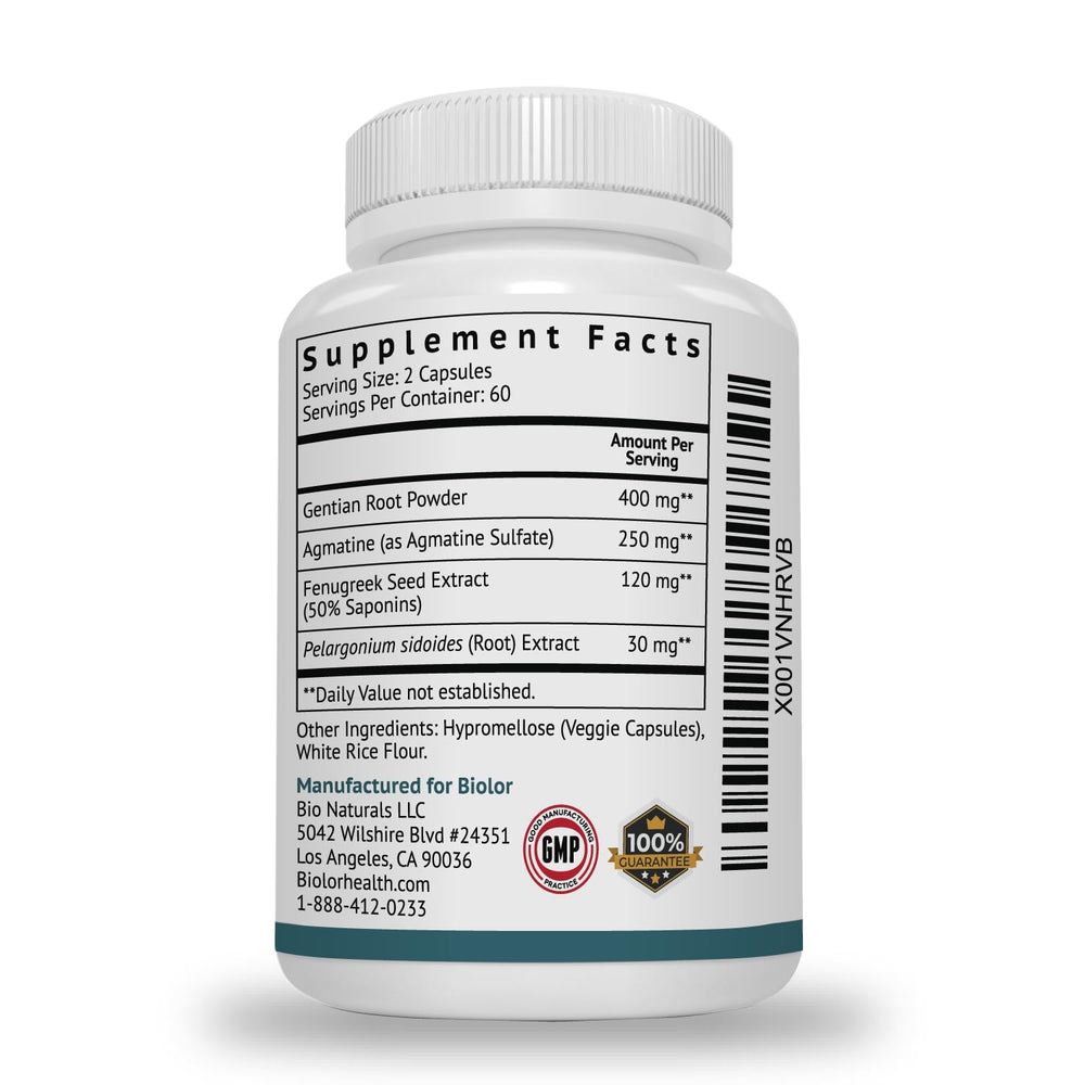 Biolor HungerUp Pelargonium Sidoides shown with dosage guidance for daily use
