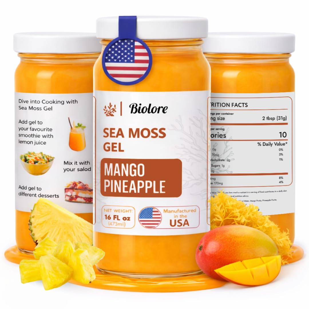 Biolore sea moss gel mango pineapple in a 16 oz jar for daily nourishment.