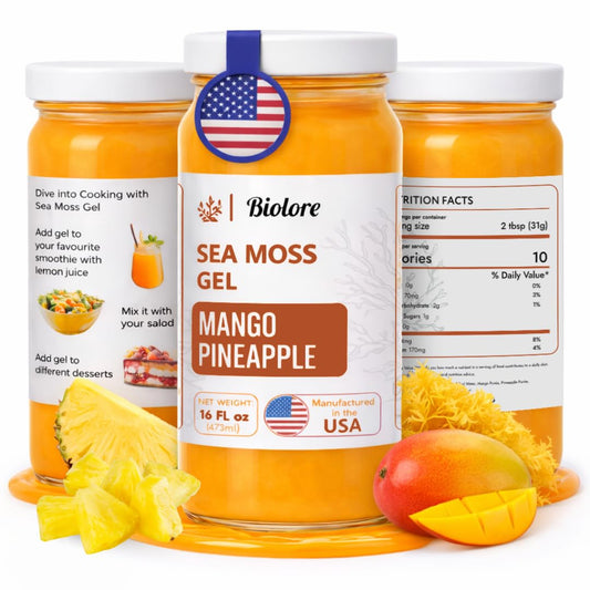 Biolore sea moss gel mango pineapple in a 16 oz jar for daily nourishment.