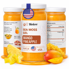 Biolore sea moss gel mango pineapple in a 16 oz jar for daily nourishment.
