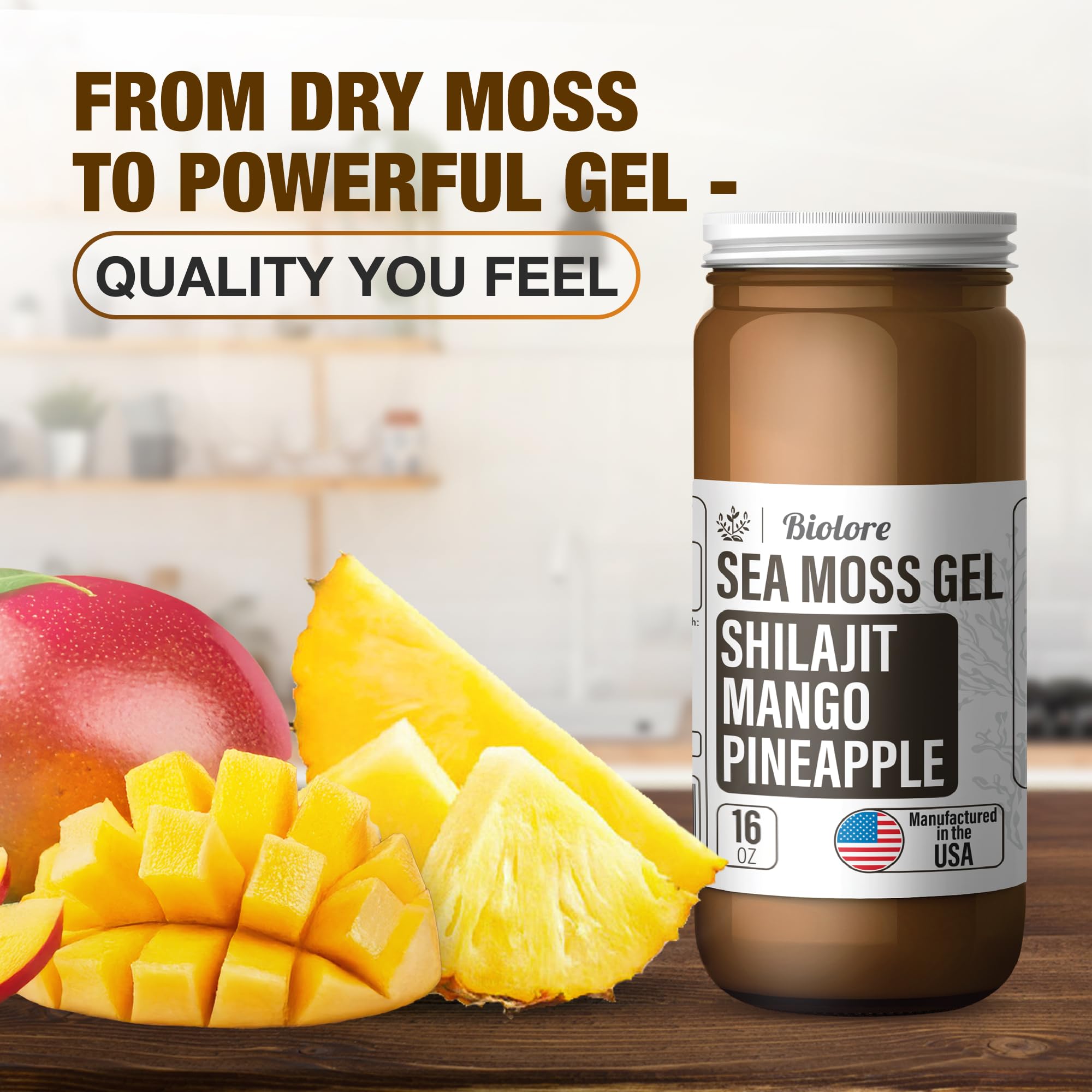 Biolore sea moss gel shown ready to blend into smoothies and teas.
