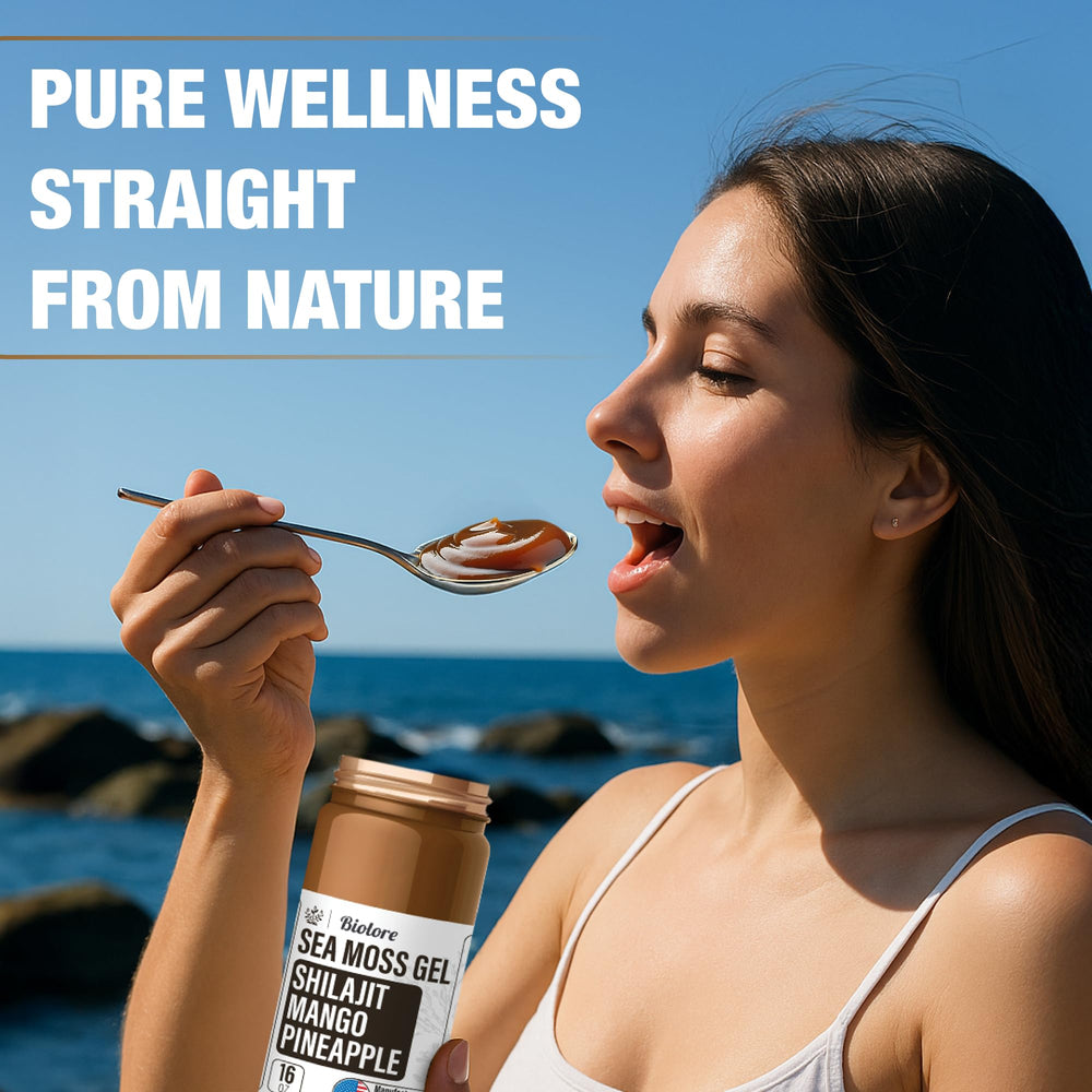 Biolore shilajit-infused sea moss gel, mango-pineapple flavor, vegan.