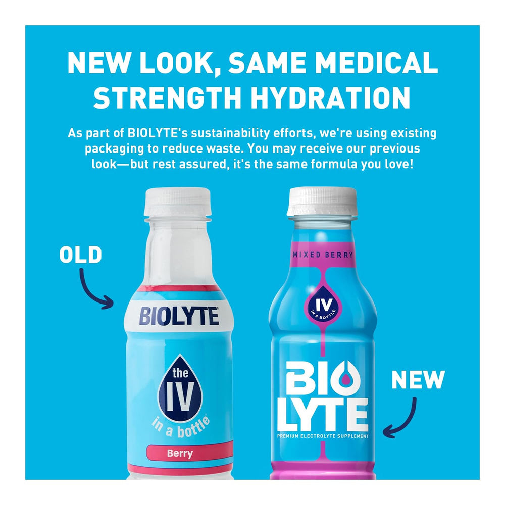 BIOLYTE bottle with berry flavor close-up highlighting gluten-free formula