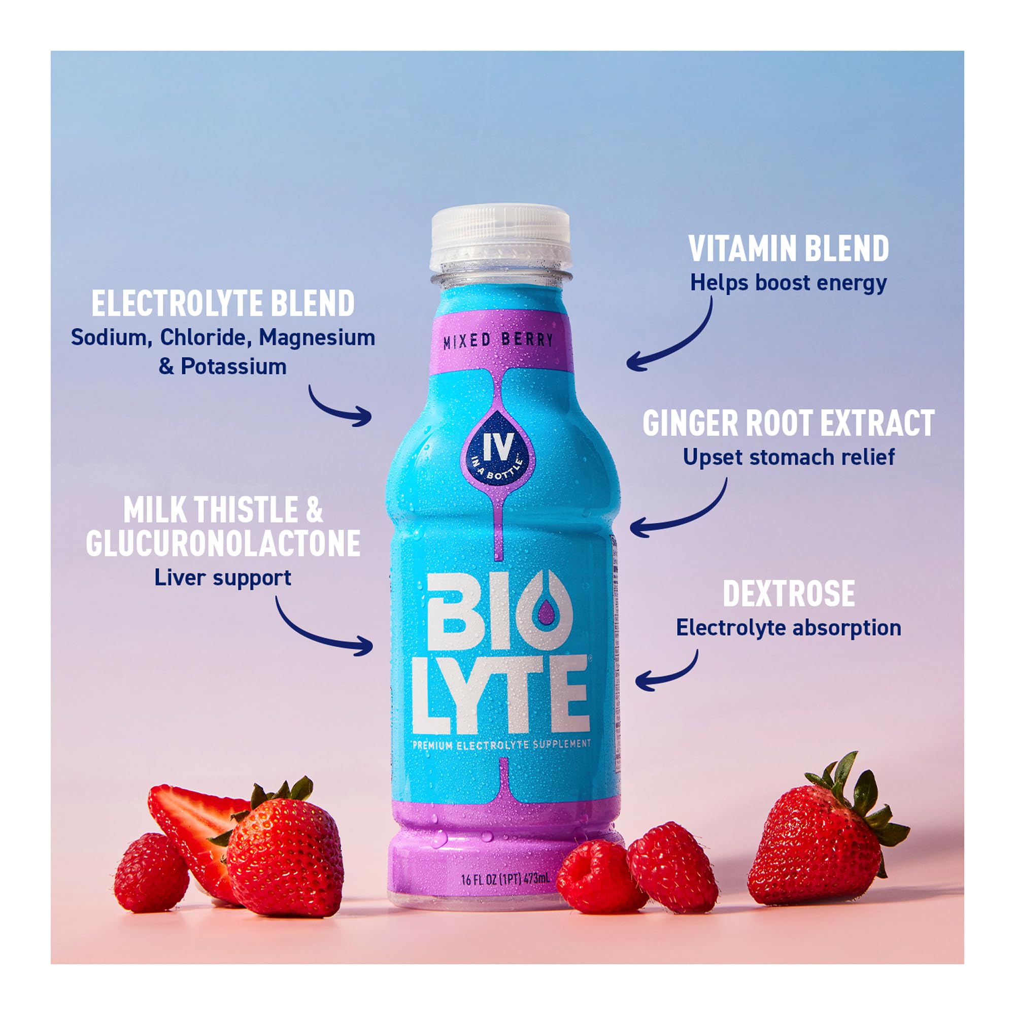 BIOLYTE 16 oz bottle beside glass and fruit conveying flavor and refreshment