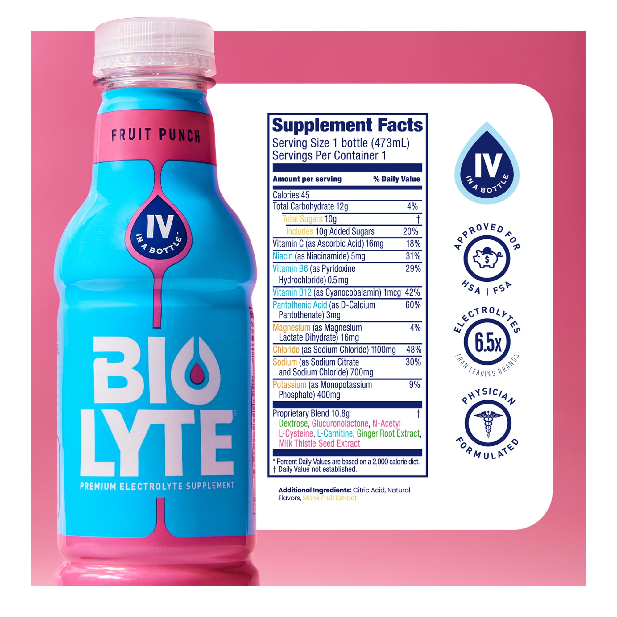 Biolyte Fruit Punch bottle side view showing portable 16 oz size.