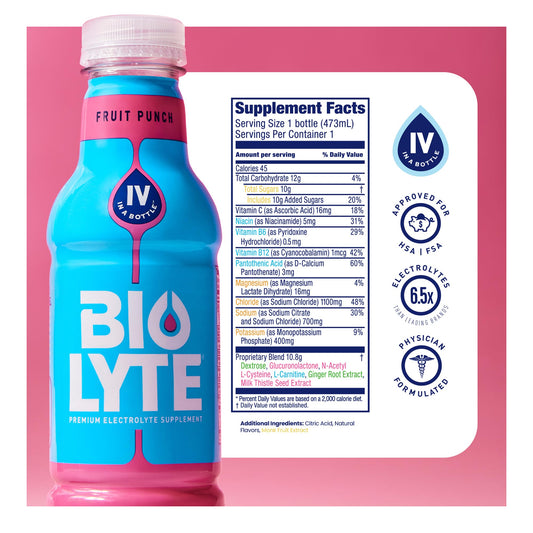 Biolyte Fruit Punch bottle side view showing portable 16 oz size.