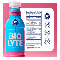 Biolyte Fruit Punch bottle side view showing portable 16 oz size.