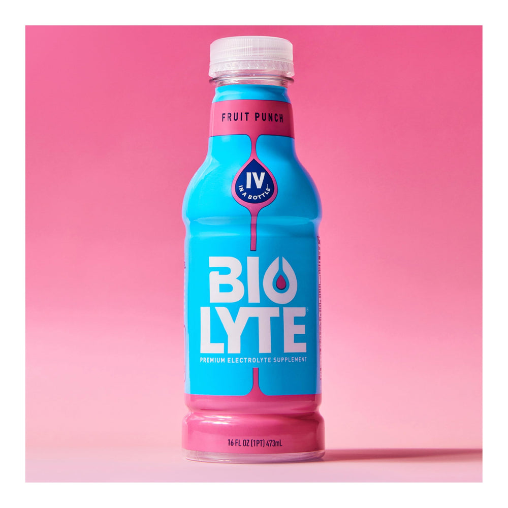 Biolyte Fruit Punch pack label close-up emphasizes gluten-free formula.
