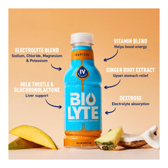 BIOLYTE glass with ice and tropical drink showcasing refreshing rehydration