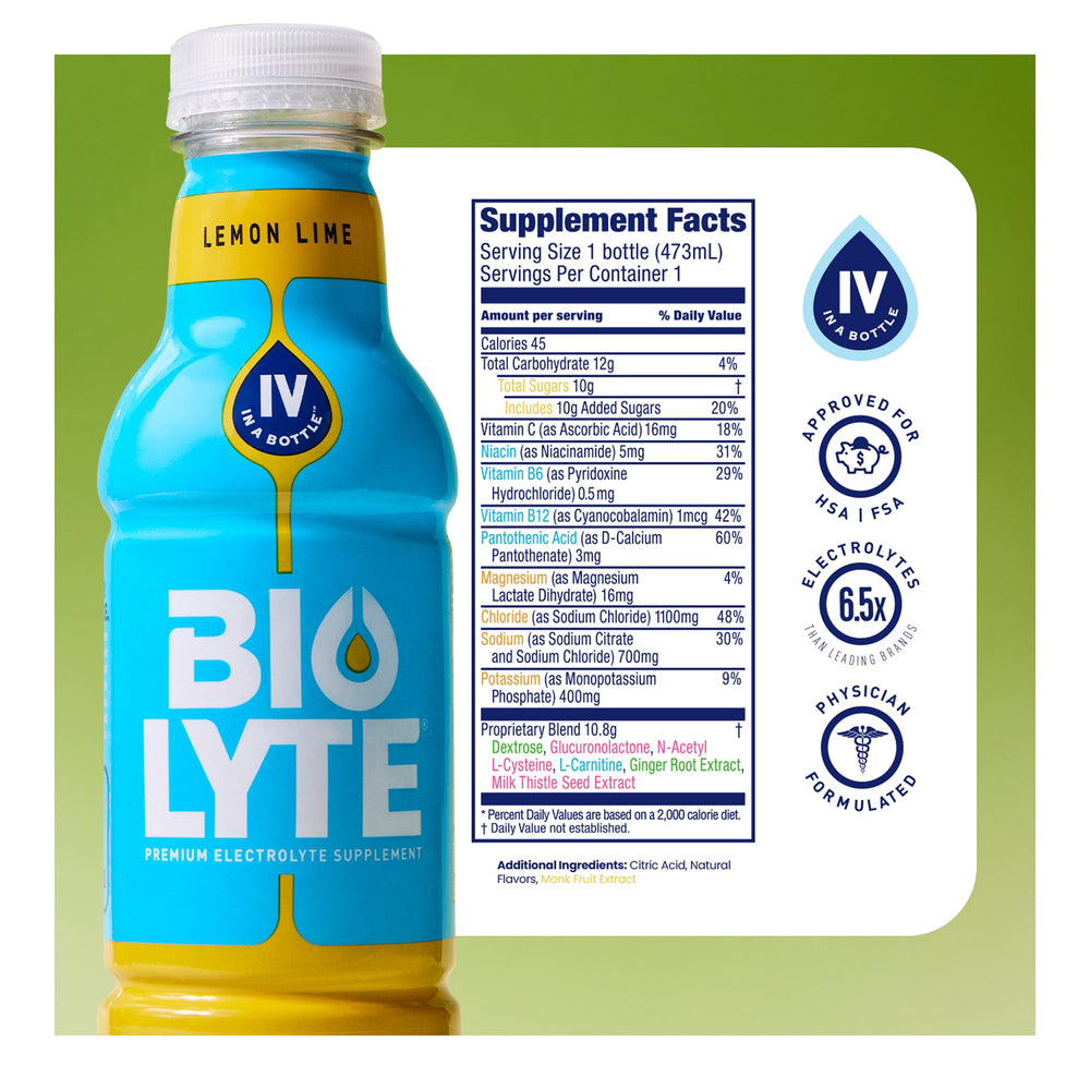 BIOLYTE glass with ice presents refreshing lemon lime serve.