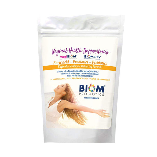 Biom Probiotics boric suppositories packaging for convenient at-home use.