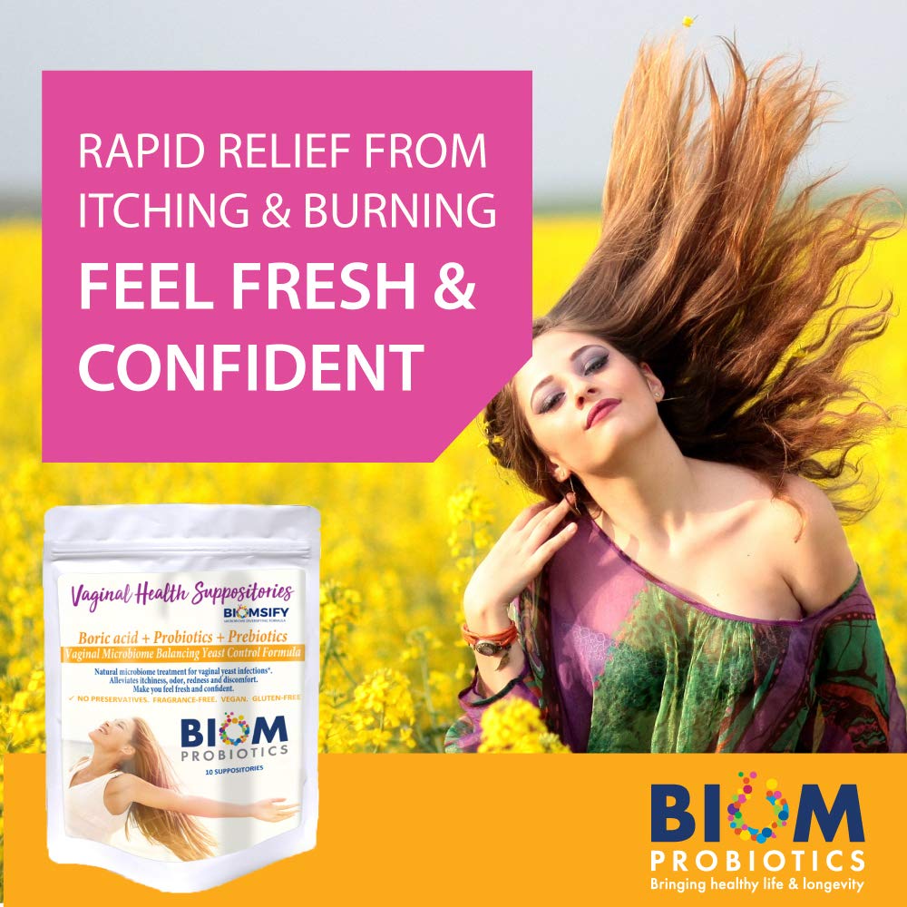 Biom Probiotics boric suppositories vegan ingredients label emphasized.
