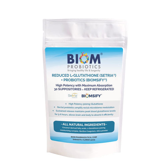 Biom Probiotics glutathione suppository packaging for antioxidant support