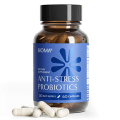 BIOMA Anti-Stress Probiotics bottle on a shelf for daily routine support.
