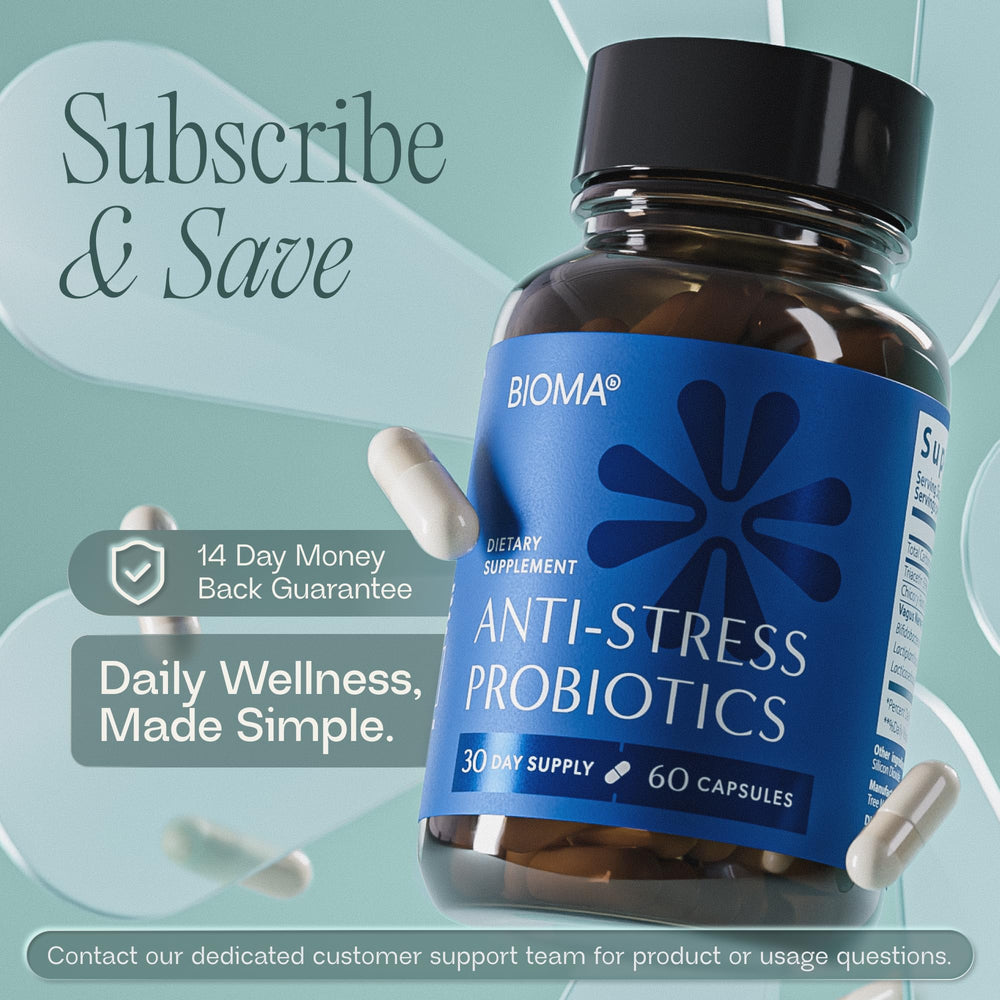 BIOMA Anti-Stress Probiotics on shelf suggests reliable daily supplement.