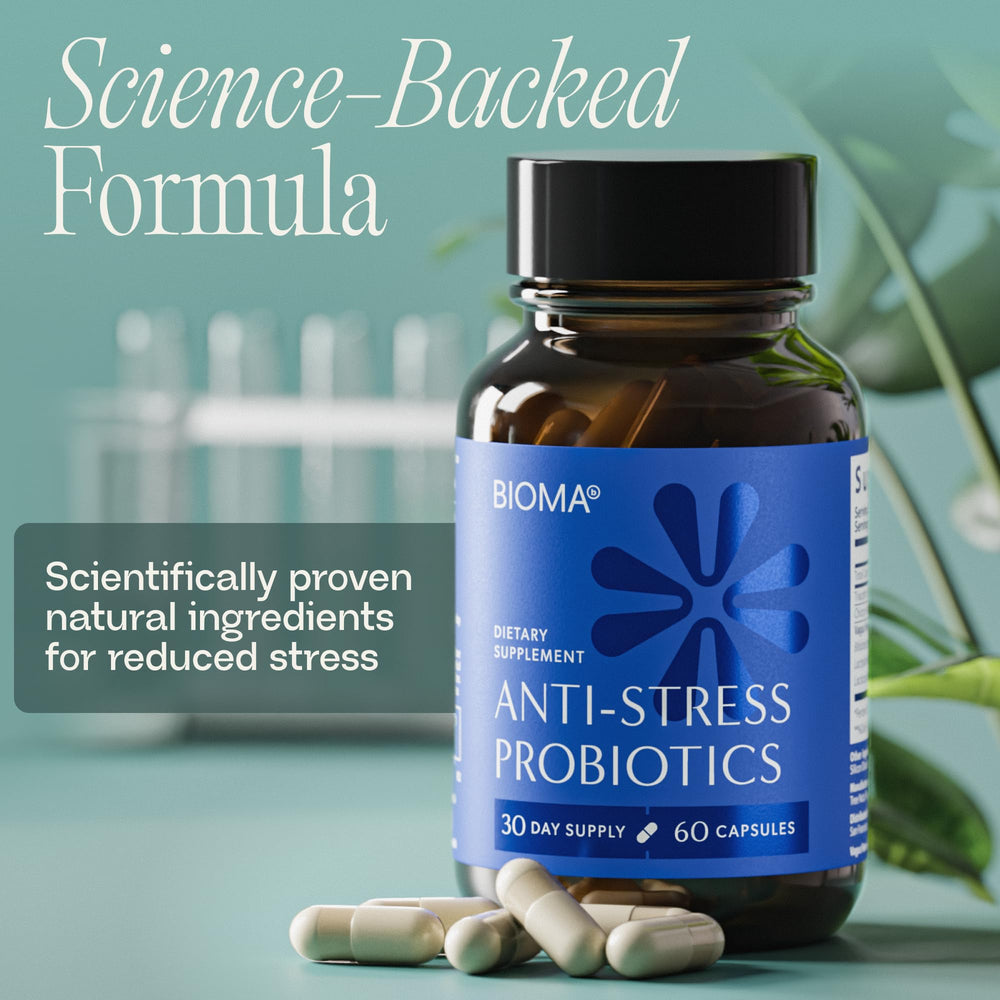 BIOMA Anti-Stress Probiotics with water glass conveys effortless consumption.