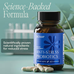 BIOMA Anti-Stress Probiotics with water glass conveys effortless consumption.