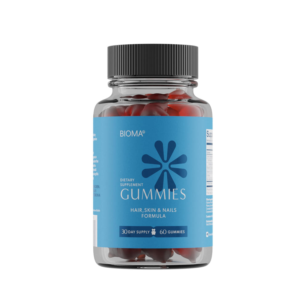 BIOMA Beauty Gummies bottle on a clean counter, convenient daily beauty boost.