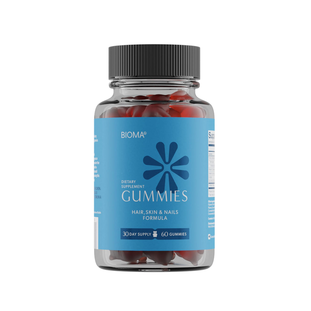 BIOMA Beauty Gummies bottle on a clean counter, convenient daily beauty boost.