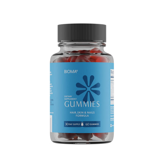 BIOMA Beauty Gummies bottle on a clean counter, convenient daily beauty boost.