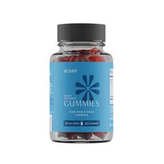 BIOMA Beauty Gummies bottle on a clean counter, convenient daily beauty boost.