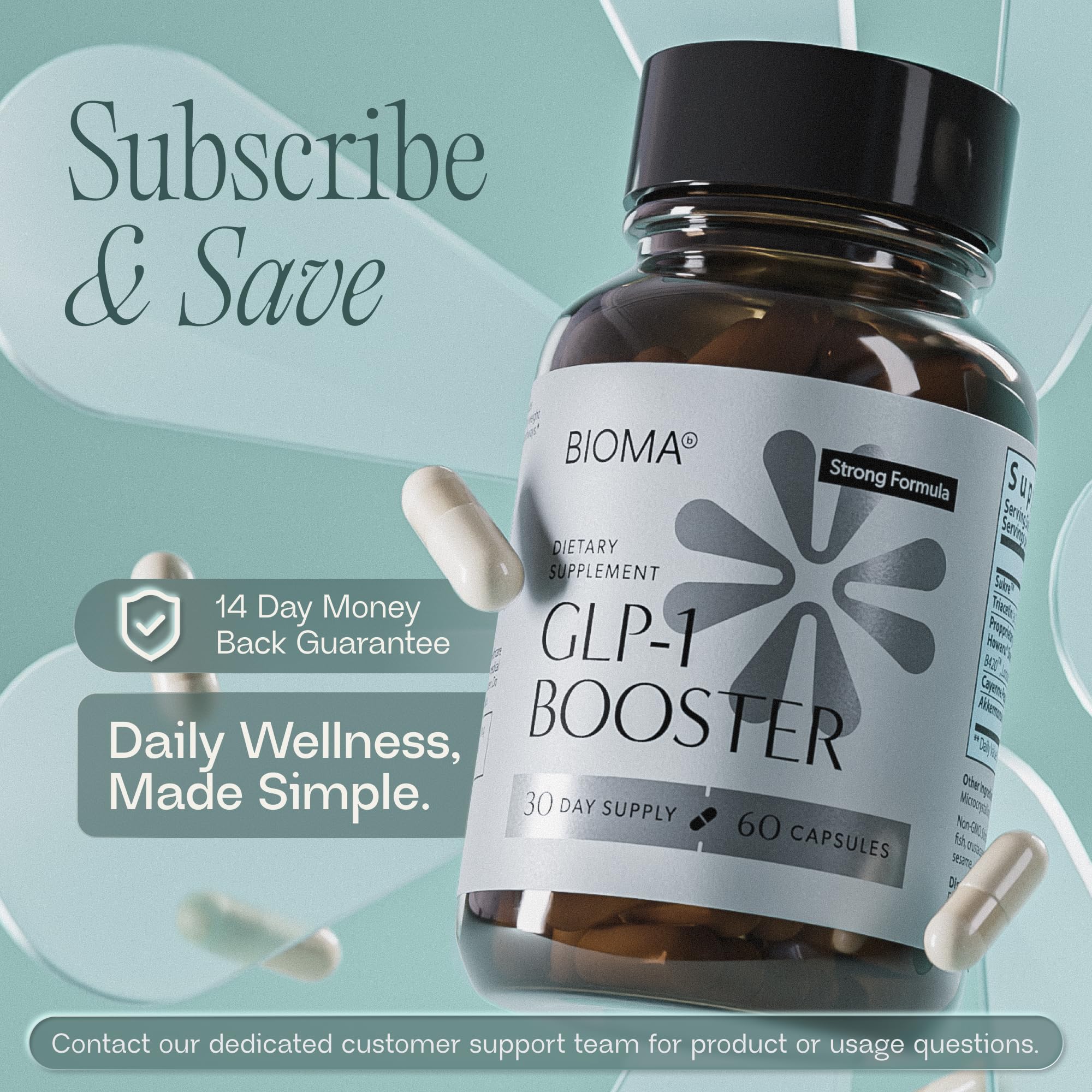 BIOMA GLP-1 Booster box and bottle on a clean kitchen counter