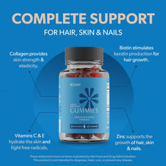 BIOMA ingredients label featuring biotin, collagen, zinc for hair, skin, nails support.