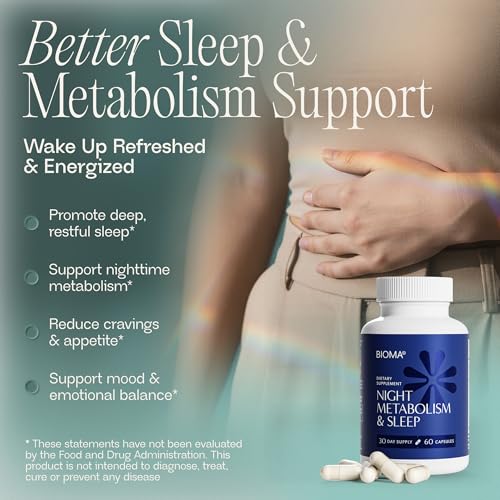 BIOMA Night Metabolism & Sleep bottle back lists ingredients and benefits