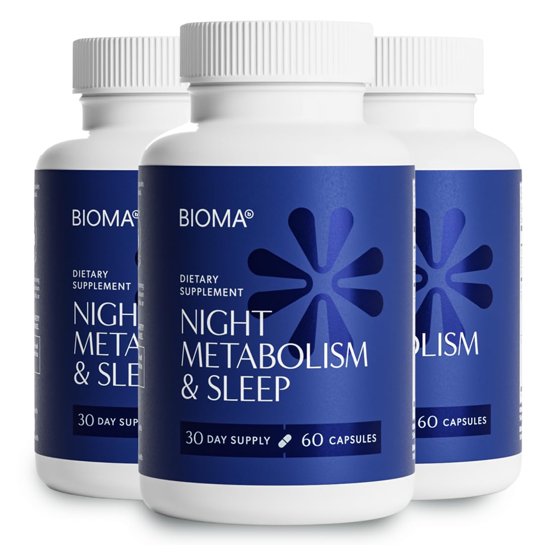 BIOMA Night Metabolism & Sleep bottle front highlights melatonin for relaxation