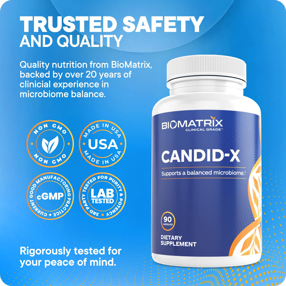 BioMatrix Candid-X botanical blend highlights berberine, oregano, chamomile.