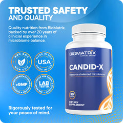BioMatrix Candid-X botanical blend highlights berberine, oregano, chamomile.