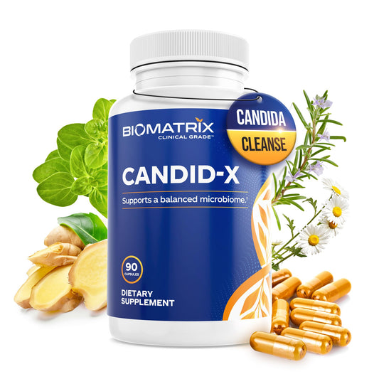 BioMatrix Candid-X bottle front suggesting comprehensive gut support and ease of use.