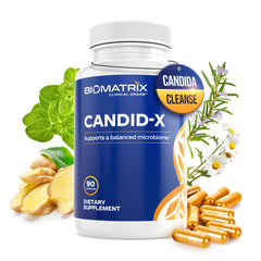 BioMatrix Candid-X bottle front suggesting comprehensive gut support and ease of use.