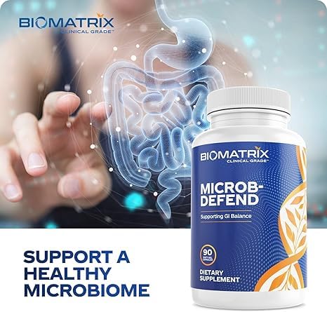 BioMatrix lifestyle moment taking Microb-Defend for digestive comfort.